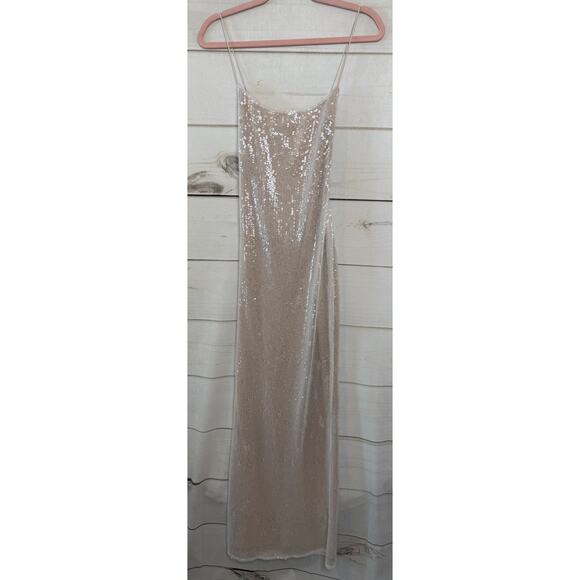 White Fox Formal Sequin Maxi Dress Size SM Pearl Colored Adjustable Tie Back - Picture 1 of 6